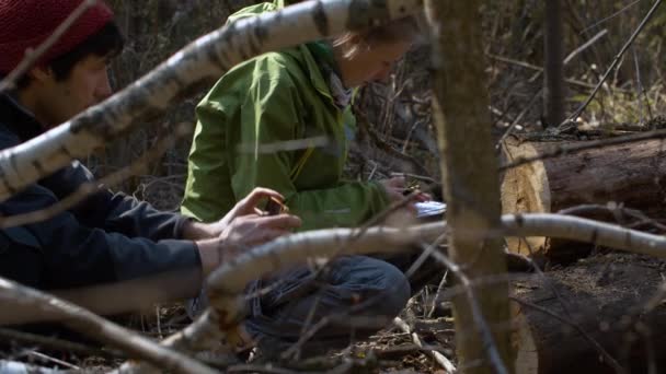Miljöaktivister utforskar fällda träd — Stockvideo