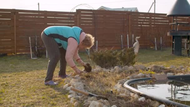 Ηλικιωμένη γυναίκα που εργάζεται στον κήπο — Αρχείο Βίντεο
