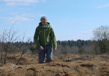 Ormanın yakınındaki kum tepesinde yürüyen bir kadın. Baharın başında, güneşli bir havada. Parlak mavi gökyüzü, ağaçlarda yaprak yok, yeşil köknar ağaçları. Sağlıklı yaşam tarzı kavramı