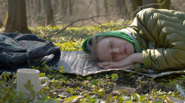 Close Portrait Young Tired Sleepy Woman Forest Lunch Early Spring — Stock Photo, Image