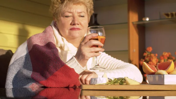 Senior Woman Sitting Porch Country House Drinking Wine Spring Evening — Stock Photo, Image