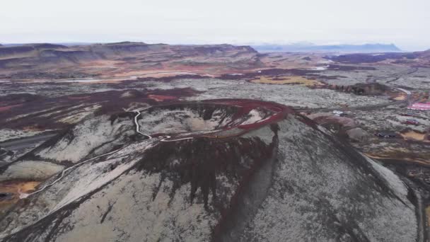 Aerial View Couple Standing Top Amazing Volcano Crater While Holiday — Stock Video