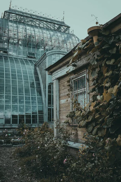 Contrast Van Metaal Glas Gebouw Van Botanische Tuin Oude Houten — Stockfoto