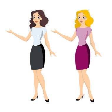 Farklı renkte saçları olan iki kadın. Orta yaşlı bir ofis çalışanı. Bluz etekli ve ayakkabılı genç bir kadın. Esmer ve sarışın. Kız bir şey gösteriyor ya da işaret ediyor.. 