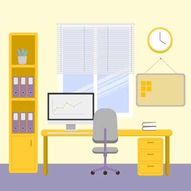 Bir bilgisayar ve dolap ile birlikte çalışıyor. Penceresi olan parlak bir ofis. Girdiler için çıkartmalar. Ofis işyeri. Çalışma zamanı..