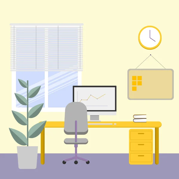 Interior de trabajo con una computadora y una flor. Luminosa oficina con ventana. Pegatinas para las entradas. Oficina de trabajo. Hora de trabajar . — Vector de stock