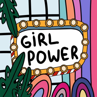 Feminist bir poster. Parlak renk. Doodle tarzında illüstrasyon. Bir sürü element. Kızlar için çıkartma. Güçlü kadın..