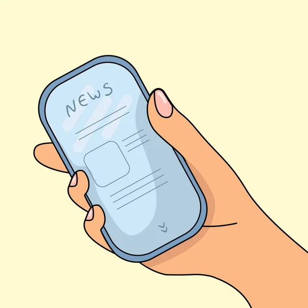 Telefono in una mano di donne. Ultime notizie nel tuo telefono. La mano con il telefono nello stile di Doodle . — Vettoriale Stock