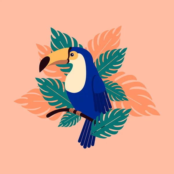 Toucan on a branch with palm leaves. Beautiful tropical bird in the leaves. — Stock Vector