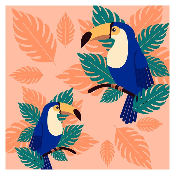 Tucanes en una rama con hojas de palma. Póster hermoso pájaro tropical en las hojas . — Vector de stock
