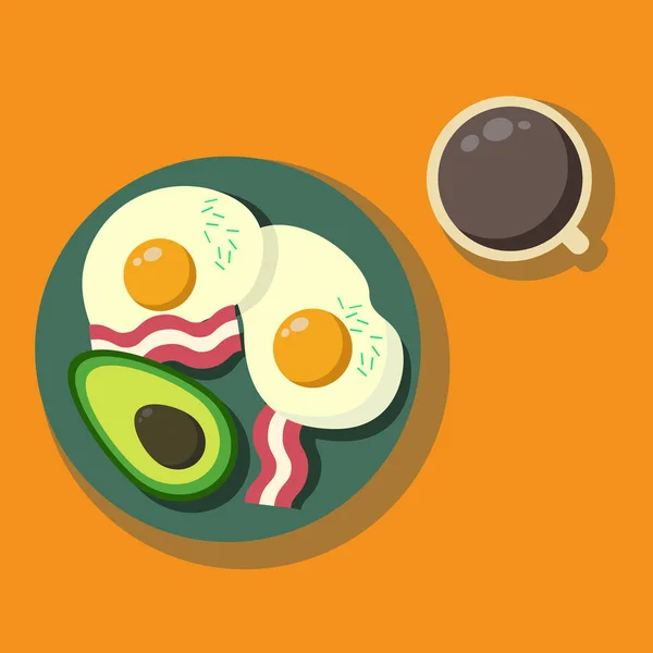 Comida de mañana. Desayuno saludable con aguacate. Buena nutrición. Huevos y tocino para el desayuno. Una taza de café de la mañana. Dieta equilibrada. Desayuno casero en un plato . — Vector de stock