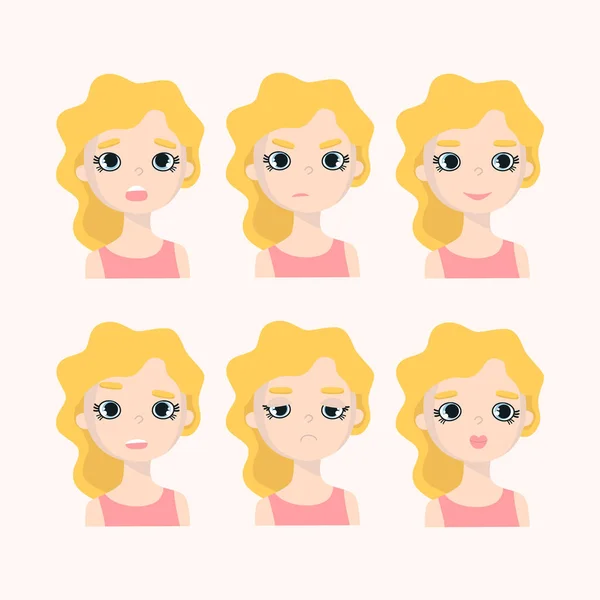Un conjunto de seis emociones femeninas diferentes . — Vector de stock