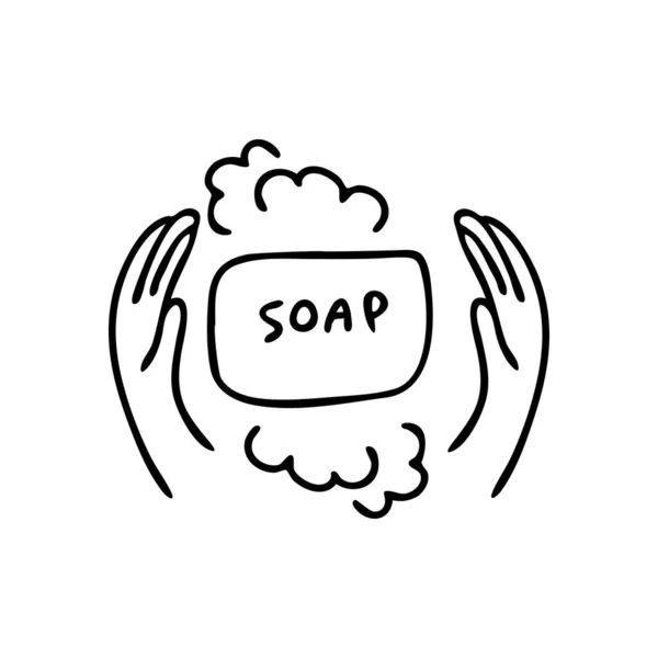 Doodle ilustración de manos y jabón. Lávese las manos para protegerse del concepto de coronavirus . — Archivo Imágenes Vectoriales