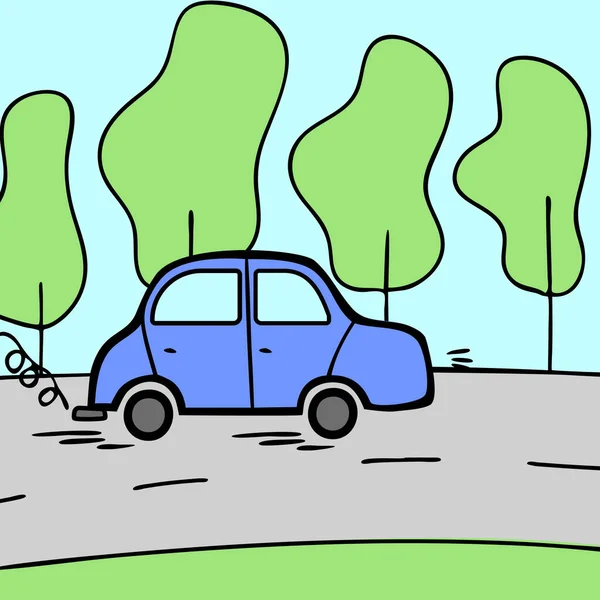 Modré auto jede po cestě podél stromů. — Stockový vektor