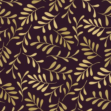 Filiz yapraklarının kusursuz deseni. Koyu arkaplanda altının tek renkli kombinasyonu. Kart, selamlama, yabani ot, davetiye, kumaş, baskı, kapak, iç ve daha fazlası için klasik çiçek deseni.
