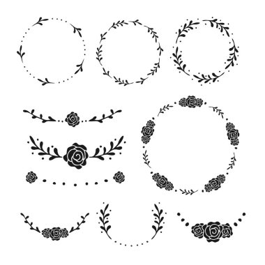 Güzel El, Doodle Rose Çiçekli Düğün Süslemesi. Gülün yaprak dallarıyla kombinasyonu monogramda vektör illüstrasyonudur. Kart için Yuvarlak Çelenk Çerçevesi sınır çizgisi tasarım elementleri vs..