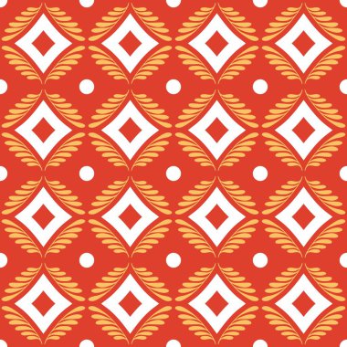 Batik Endonezya Desenli Arkaplan Duvar Kağıdı. Beyaz, turuncu ve kırmızı kombinasyon renkleri. Tekstil, Kumaş, kağıt, baskı, kapak ve daha fazlası için geleneksel Etnik Desen.