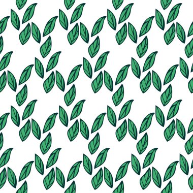 Basit Yaprak Yaprağı Çizimi Yeşil Tek Kromlu Kusursuz Duvar Kağıdı. Tekstil, kumaş, kağıt, baskı, iç mekan ve daha fazlası için el yapımı bitki deseni.