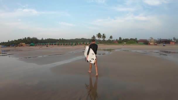 Surfista Carrega Sua Prancha Depois Mergulho Uma Praia Maré Baixa — Vídeo de Stock