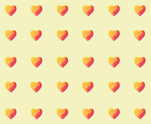Akvarell sárga piros szív minta. Gyönyörű szívek mintája — Stock Fotó