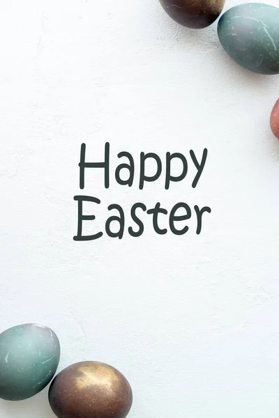 Painted Eggs White Stone Backround Copy Space Happy Easter Concept — Stock Photo, Image