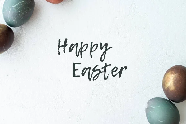 Painted Eggs White Stone Backround Copy Space Happy Easter Concept — Stock Photo, Image