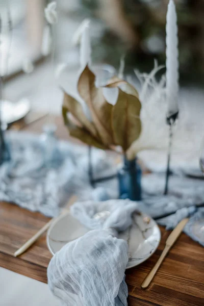 Wedding Banquet Festive Decoration Bright Colors Wooden Table Served Cutlery — Stock Photo, Image