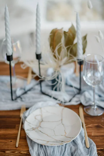 Herfst Tafel Decoratie Houten Tafel Geserveerd Met Gedroogde Bloem Witte — Stockfoto