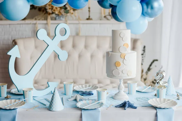 Voorbereid Verjaardagstafel Met Papier Elegant Servies Voor Kinderen Feest Blauwe — Stockfoto