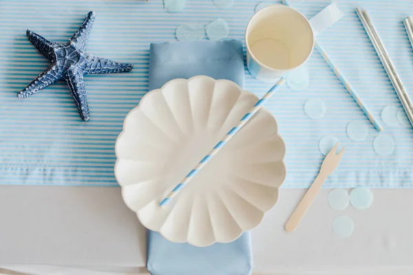 Vajilla Decoraciones Para Servir Mesa Festiva Estilo Mar Platos Elegantes — Foto de Stock