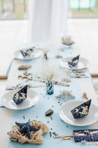 Decoraties Voor Het Serveren Van Feestelijke Tafel Zee Stijl Elegante — Stockfoto