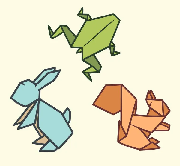 Vector conjunto de coloridos animales de origami liebre, ardilla, rana — Vector de stock