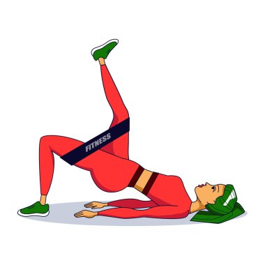 Kadın direniş bandı döngüsüyle çalışıyor. Bacaklar ve kalçalar için egzersiz. Evde ya da spor salonunda güç eğitimi rutini. Spor aletleri. beyaz üzerinde izole vektör illüstrasyonu