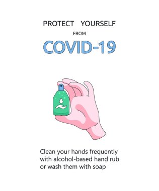COVID-19 önleme afişi. Yeni koronavirüsün yayılmasını engelle. Virüs enfeksiyonunu önlemek için dezenfektan kullan. Salgın karantina kavramı beyaz arkaplanda izole vektör çizimi