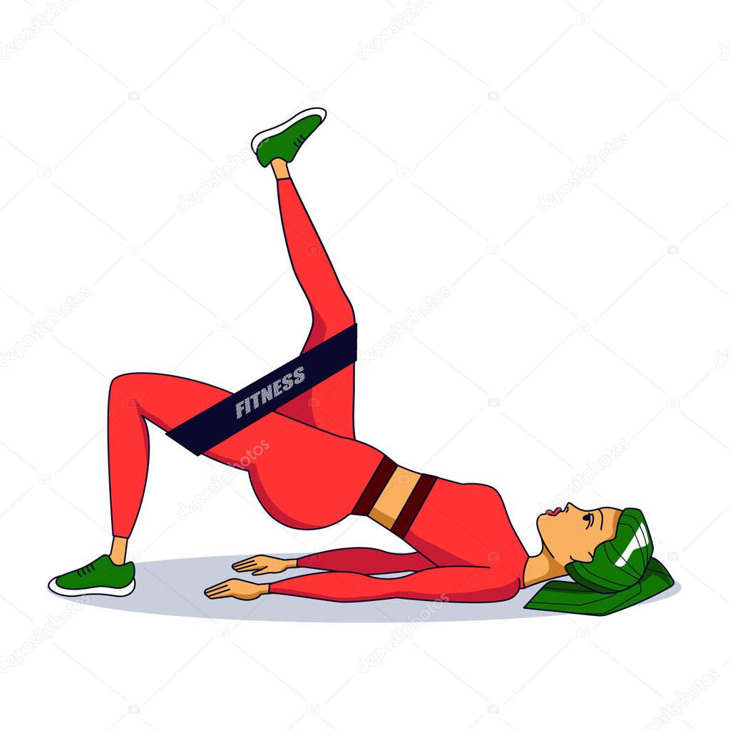 woman working out with resistance band loop. Exercises for legs and buttocks. strength training routine at home or in gym. fitness equipment. isolated vector illustration on white