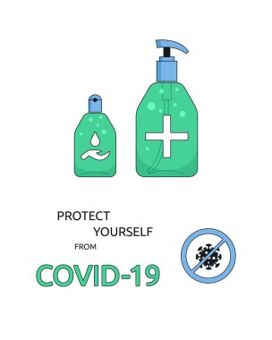 COVID-19 hijyen terfisi. Alkolle dezenfekte etmek ve ellerini yıkamak. Dezenfektanlar bakteri, mantar ve koronavirüs gibi virüsleri öldürür. Hijyen ürünü, şeker kutusu. İzole vektör 