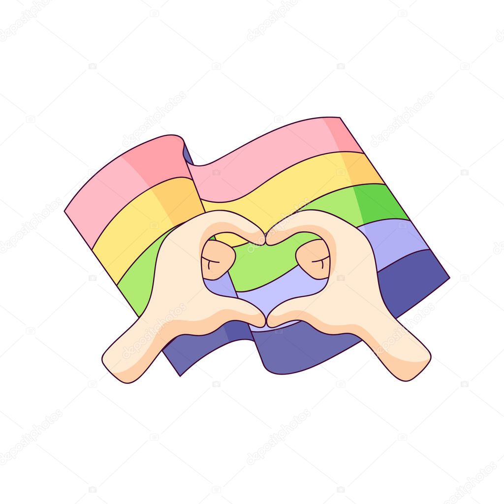  Hands making a heart shaped sign with gay pride LGBT rainbow flag. Gay pride. rainbow colors. Fight for equal rights. cartoon poster against homophobia isolated vector illustration on white background