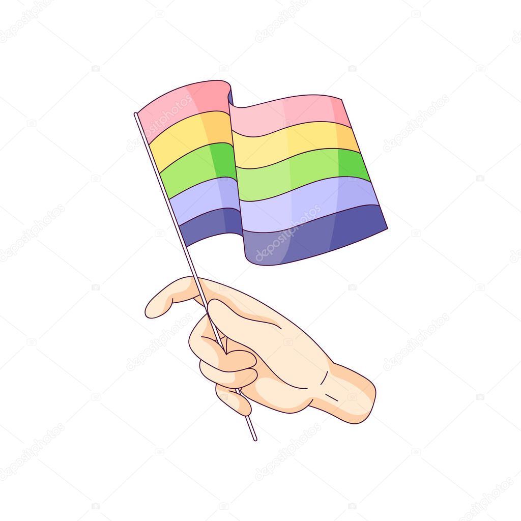 hand holding lgbt flag. gay pride. homosexual and bisexual love concept. rainbow colors. Fight for equal rights. cartoon style against homophobia isolated stock vector illustration on white background