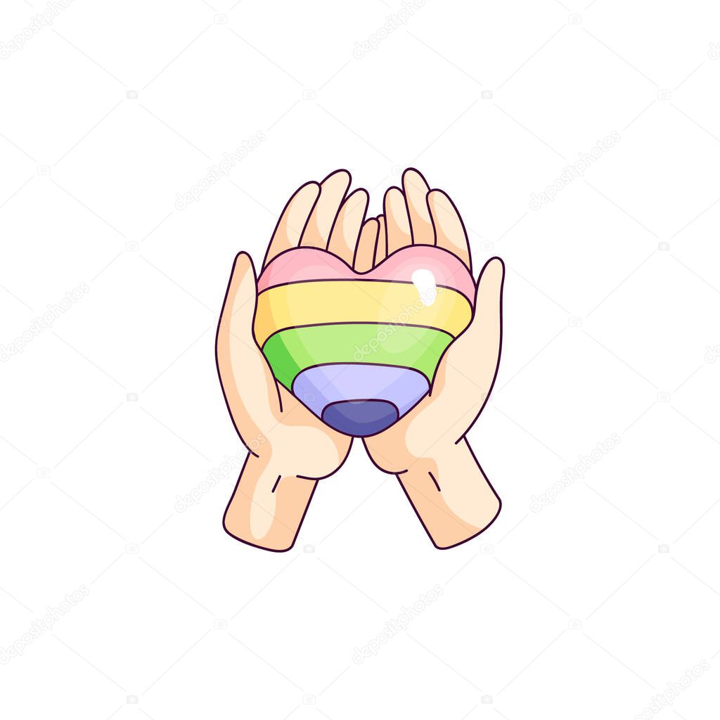 hands hold lgbt flag colors heart. gay pride. homosexual love concept. rainbow colors. Fight for equal rights. cartoon style against homophobia isolated stock vector illustration on white background