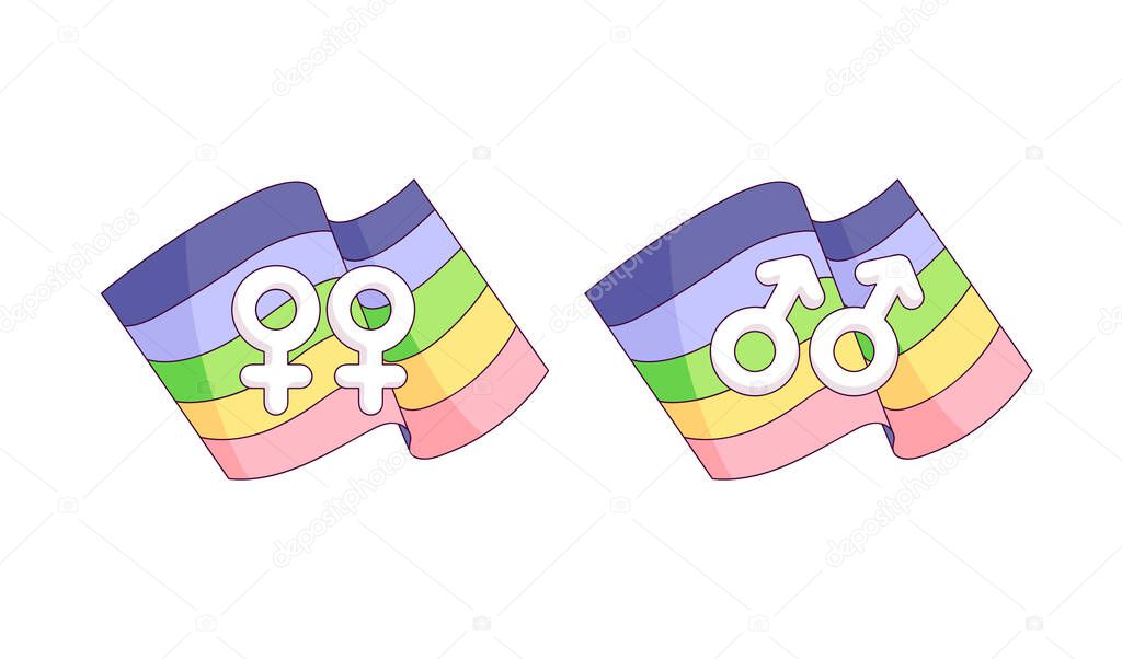 gender sign or symbol and lgbt flag. gay pride. homosexual love concept. rainbow colors. Fight for equal rights. cartoon stickers against homophobia isolated vector illustration on white background