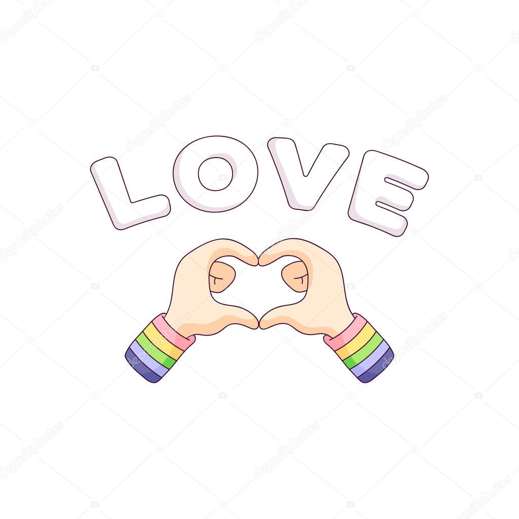 Hands making a heart shaped sign with gay pride LGBT rainbow bracelets. Gay pride. Fight for equal rights. cartoon poster against homophobia. stock isolated vector illustration on white background