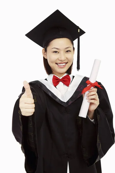 Woman Graduation Robe Showing Thumbs — Stock Photo, Image