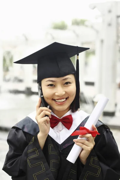 Woman Graduation Robe Talking Phone — Stock Photo, Image