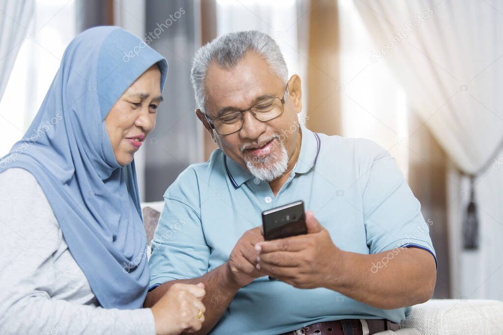 Senior couple checking the smartphone