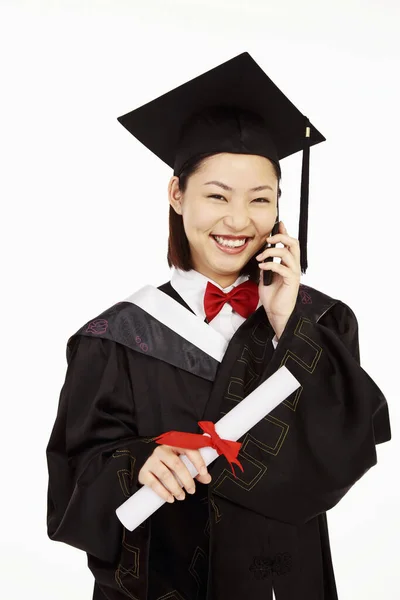 Woman Graduation Robe Talking Phone — Stock Photo, Image