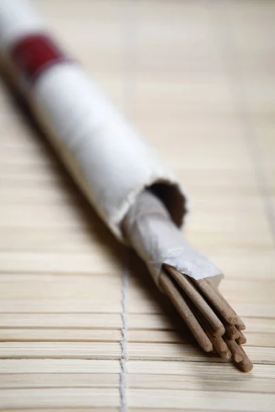 Joss Sticks Placed Wooden Mat — Stock Photo, Image