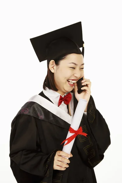 Woman Graduation Robe Talking Phone — Stock Photo, Image
