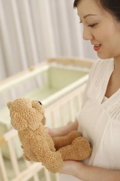 Pregnant Woman Holding Teddy Bear — Stock Photo, Image