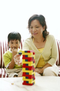 Anne ve oğlu tahta bloklar oynuyorlar.