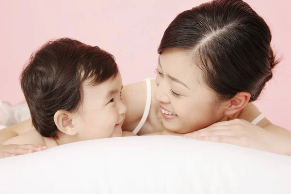 Woman Baby Girl Looking Each Other Smiling — Stock Photo, Image